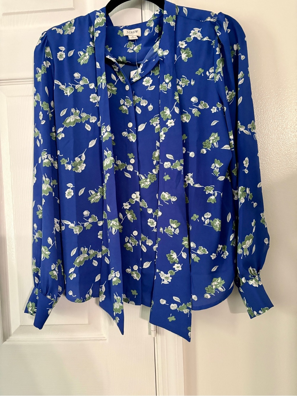 J. Crew Royal Blue Floral Tie-Neck Button Down Blouse